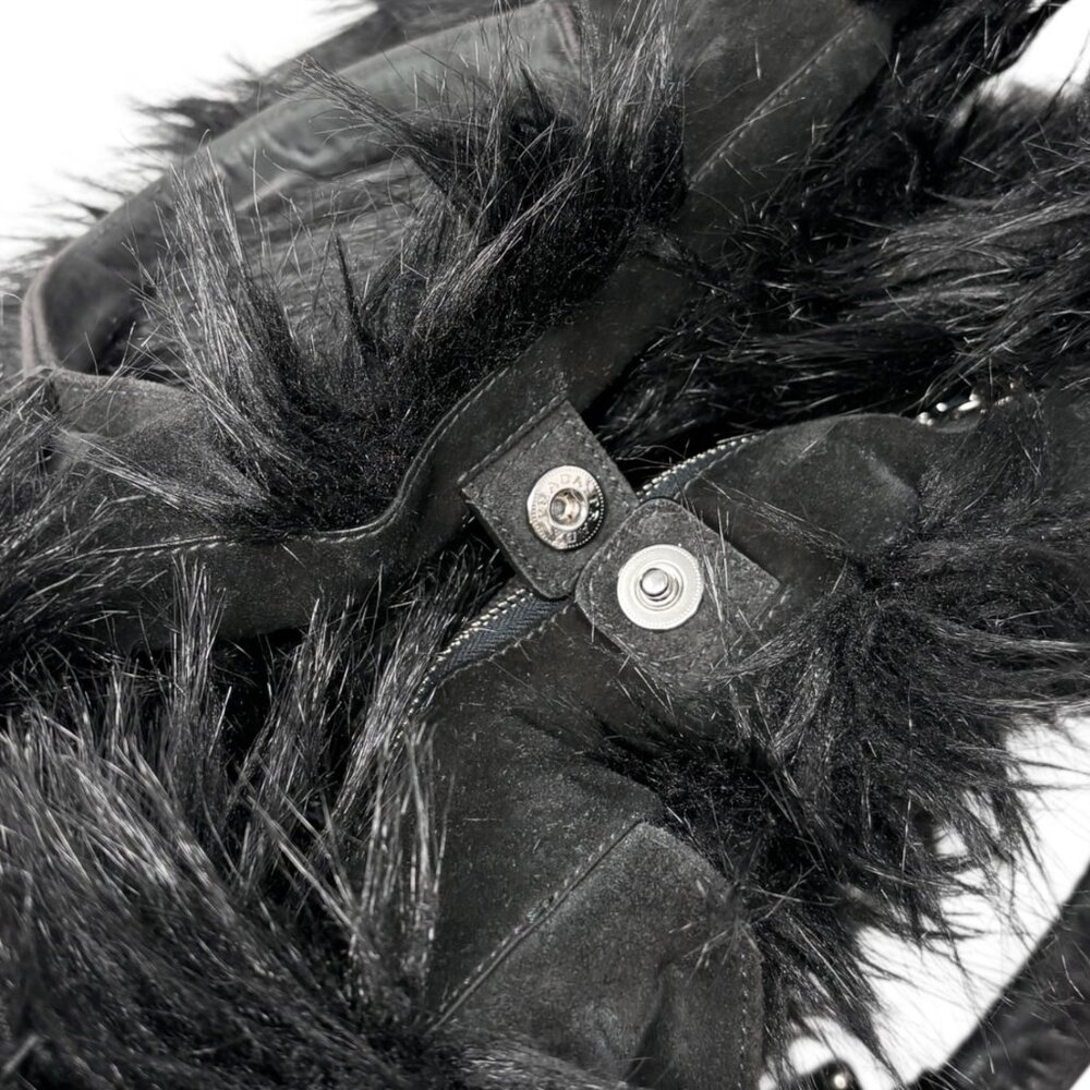 PRADA Vintage Faux Fur Fabric Tote Bag Black Silver Charm Triangle Logo [106226] - Picture 12 of 15